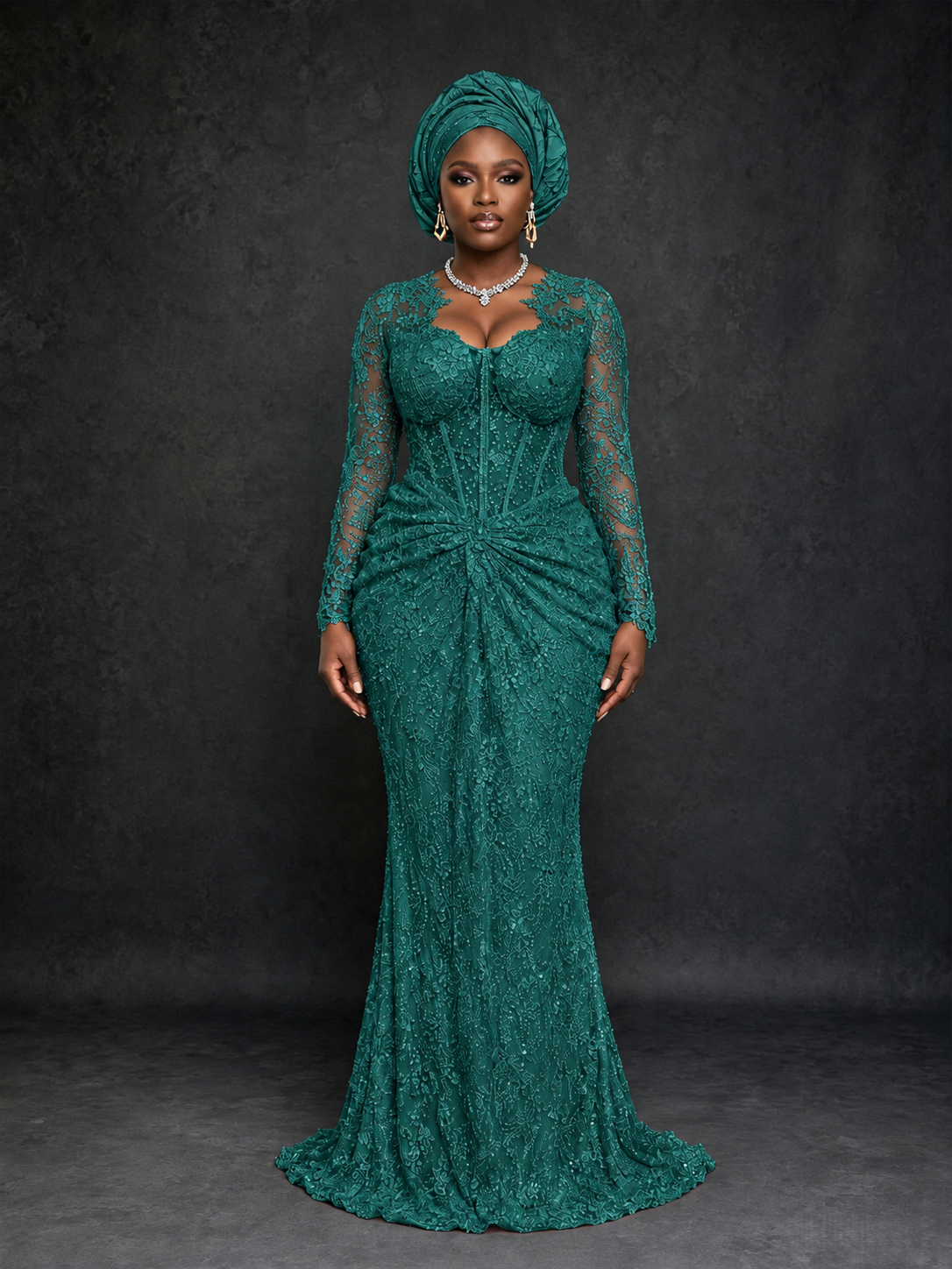 BOLODOO Teal Beaded Lace Long Sleeve Mermaid Gown Sweetheart | Mother of the Bride - Teal
