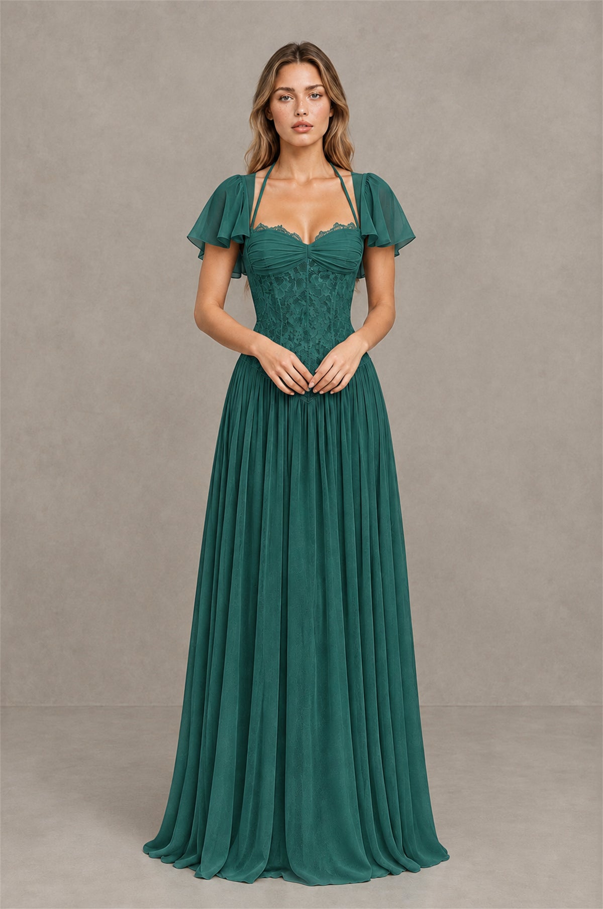 BOLODOO Teal Flutter Sleeve Lace Corset A-Line Maxi Dress - Teal - Teal (1)