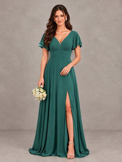 BOLODOO Teal Flutter Sleeve Chiffon A-Line Maxi Bridesmaid Dress with Open Back & Slit - Teal - Teal (1)