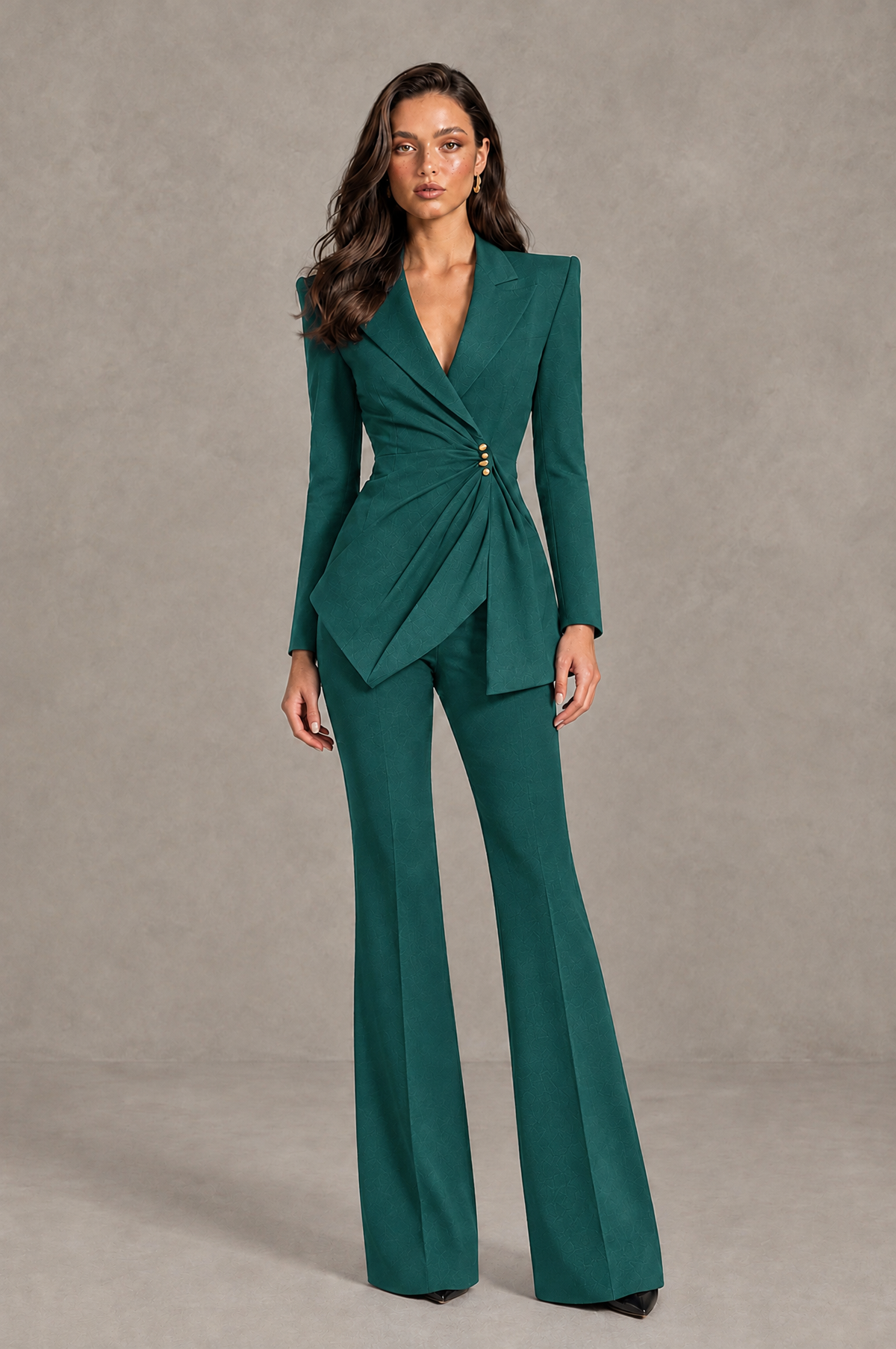 BOLODOO Teal Long Sleeve Wrap Blazer Pantsuit with Wide-Leg Trousers - Teal - Teal (1)