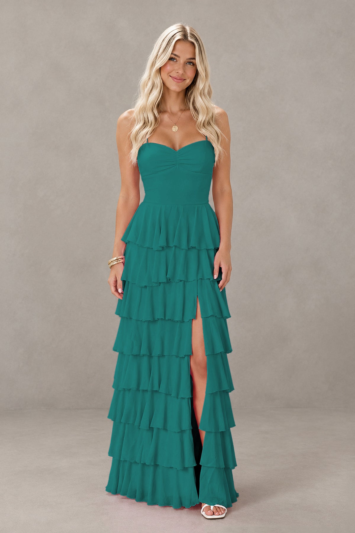 BOLODOO Teal Strapless Tiered Ruffle Maxi Dress with Slit & Lace-Up Back - Teal