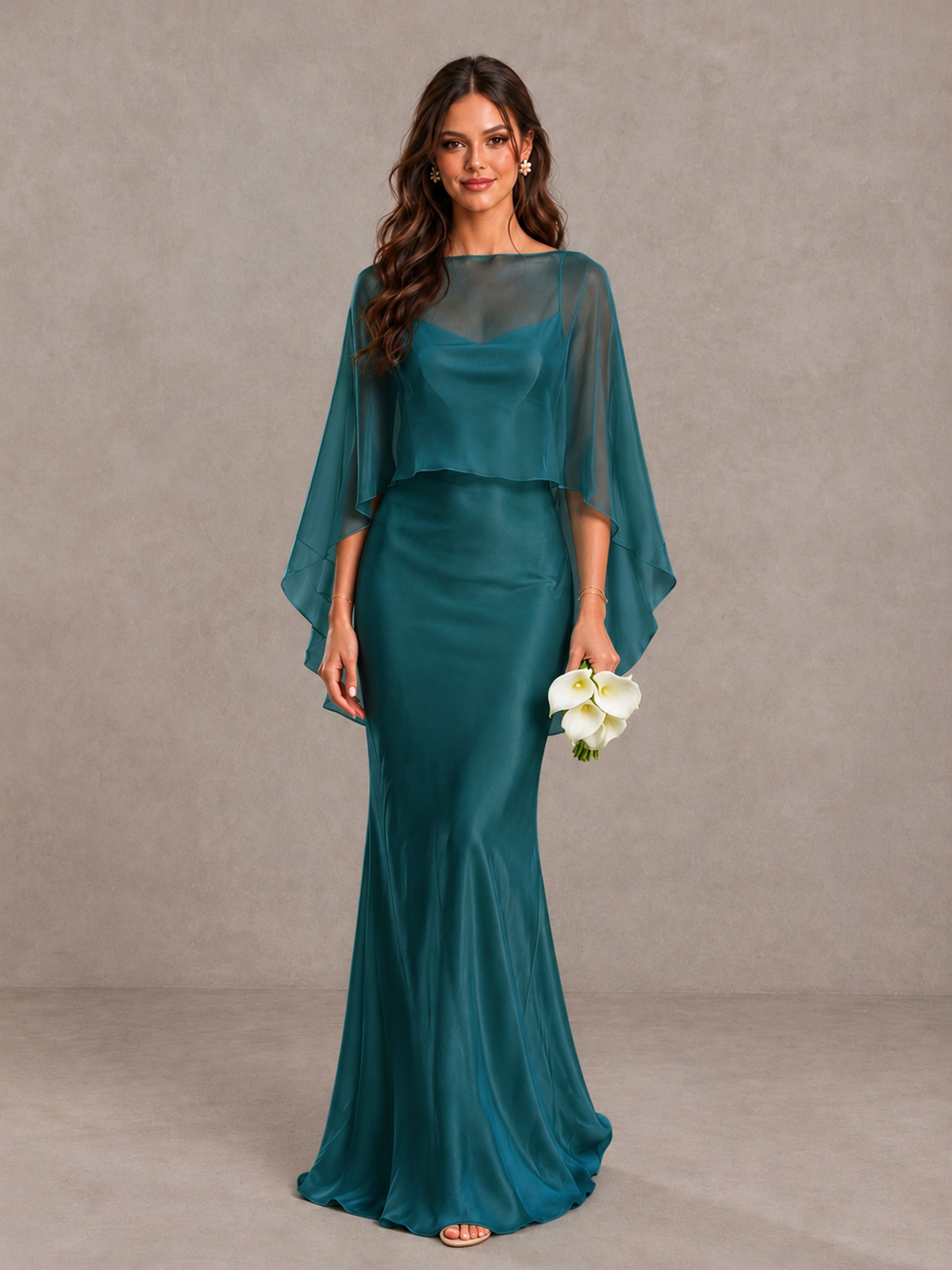BOLODOO Teal Satin Mermaid Bridesmaid Dress with Chiffon Cape - Teal - Teal (1)