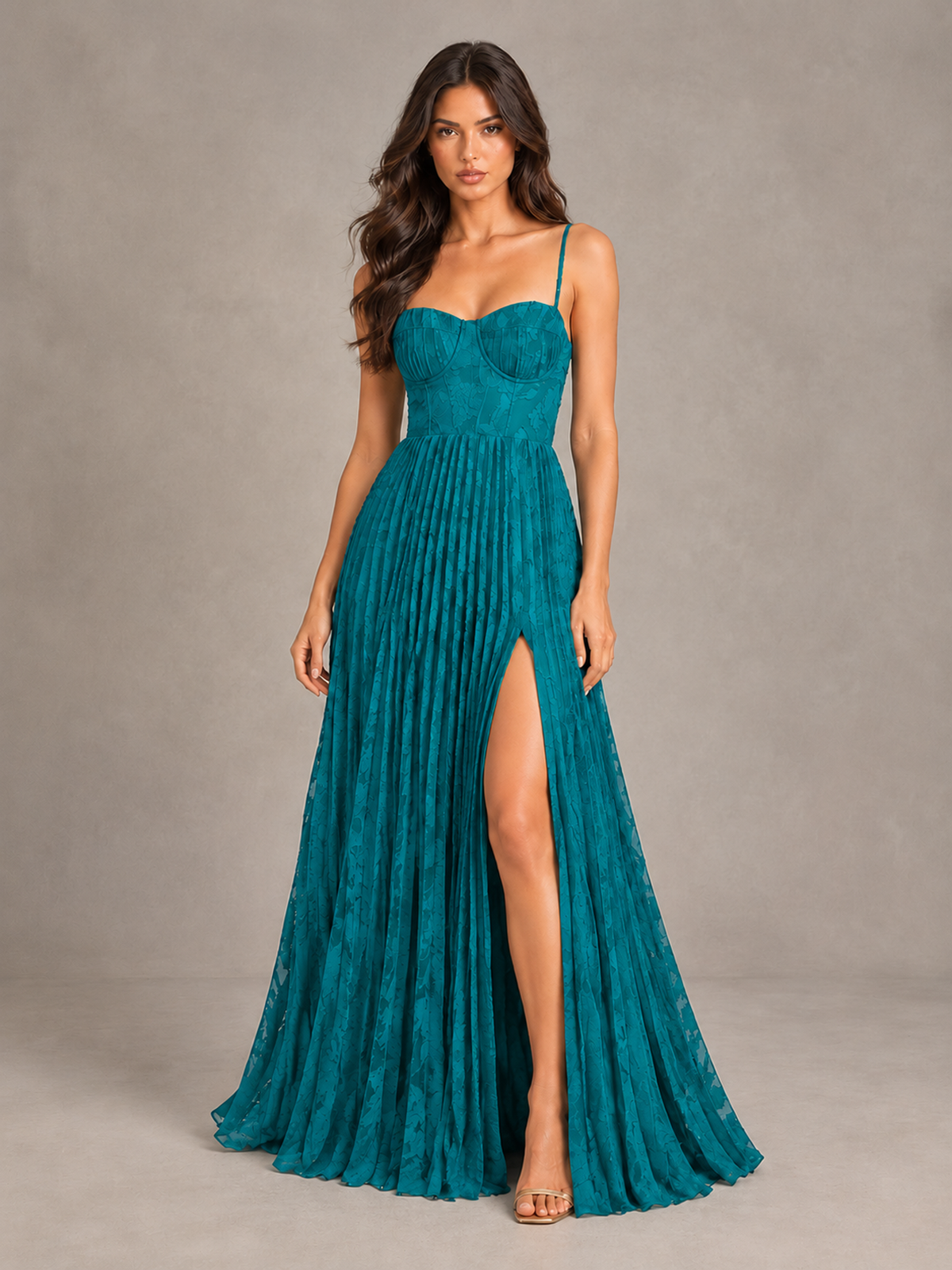 BOLODOO Teal Pleated Bridesmaid Dress with Sweetheart Neckline & Slit - Teal - Teal (1)
