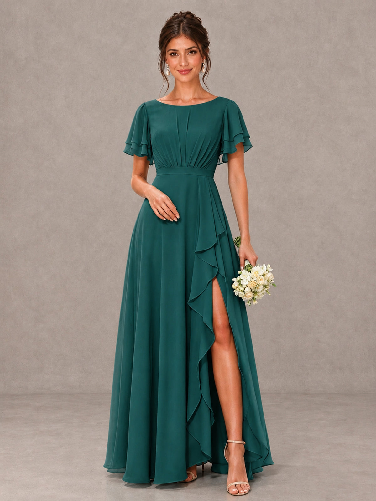 BOLODOO Teal Flutter Sleeve Ruffle Bridesmaid Dress with Slit - Teal - Teal (1)