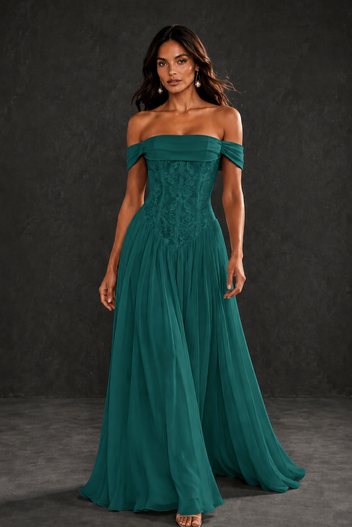 BOLODOO Teal Off-Shoulder Lace Corset Tulle Maxi Dress - Teal
