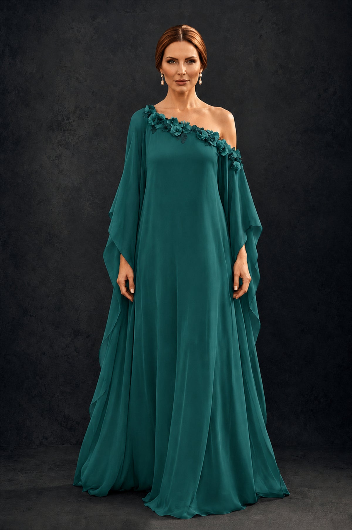 BOLODOO Teal 2-Piece Set: Off-Shoulder 3D Floral Cape Gown & One-Shoulder Wide-Leg Jumpsuit | BD0373 - Teal