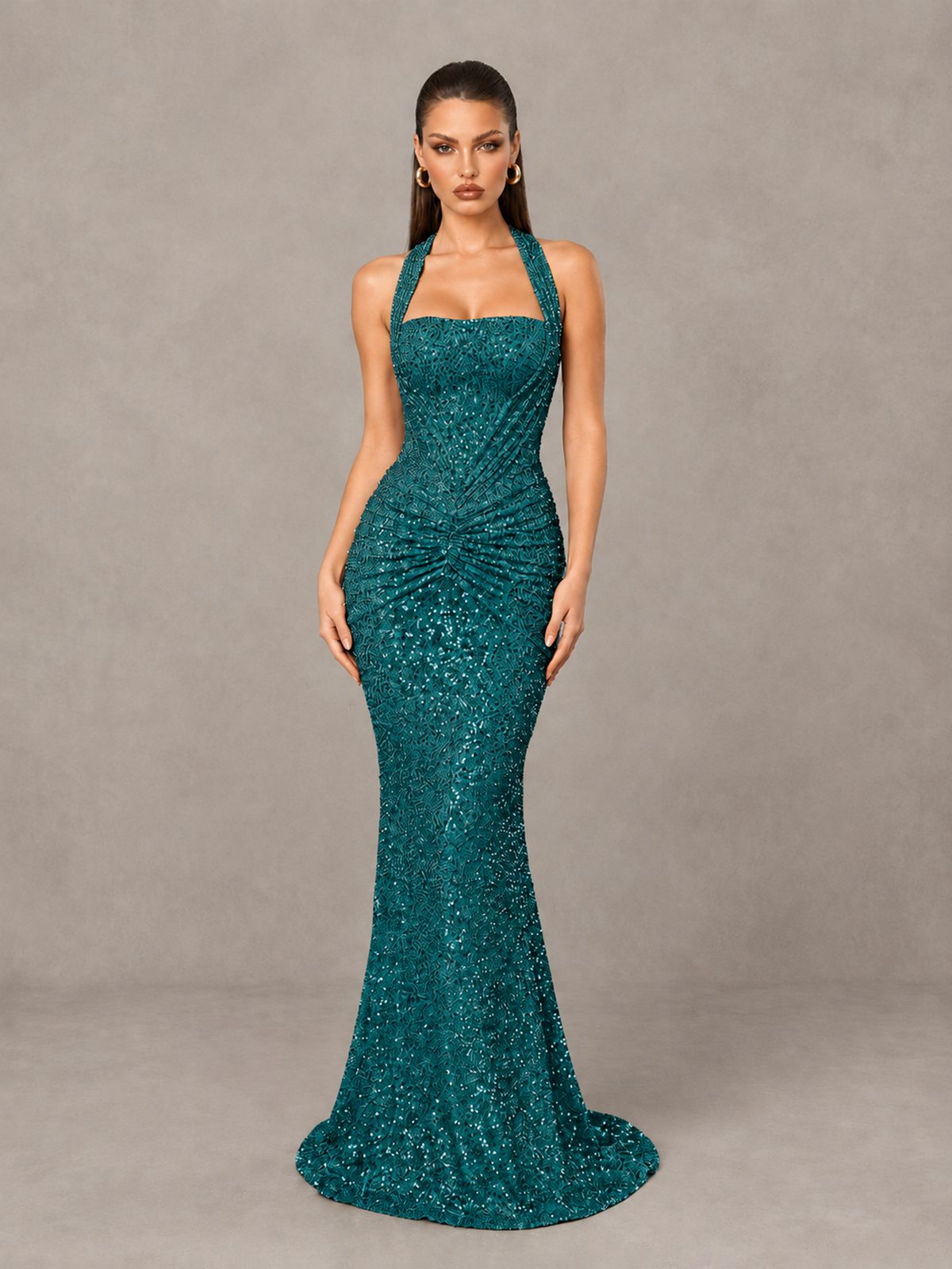 BOLODOO Teal Sequin Halter Mermaid Evening Gown - Teal - Teal (1)