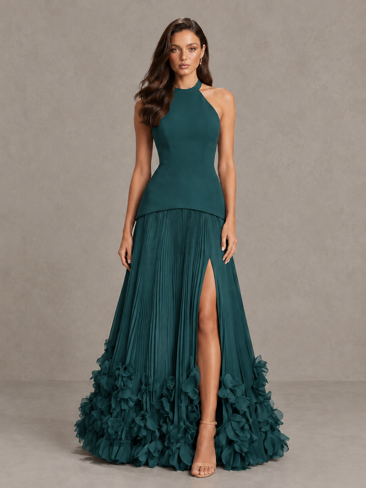 BOLODOO Teal Halter Neck Floor-Length Evening Gown with High Slit & 3D Floral Hem - Teal - Teal (1)