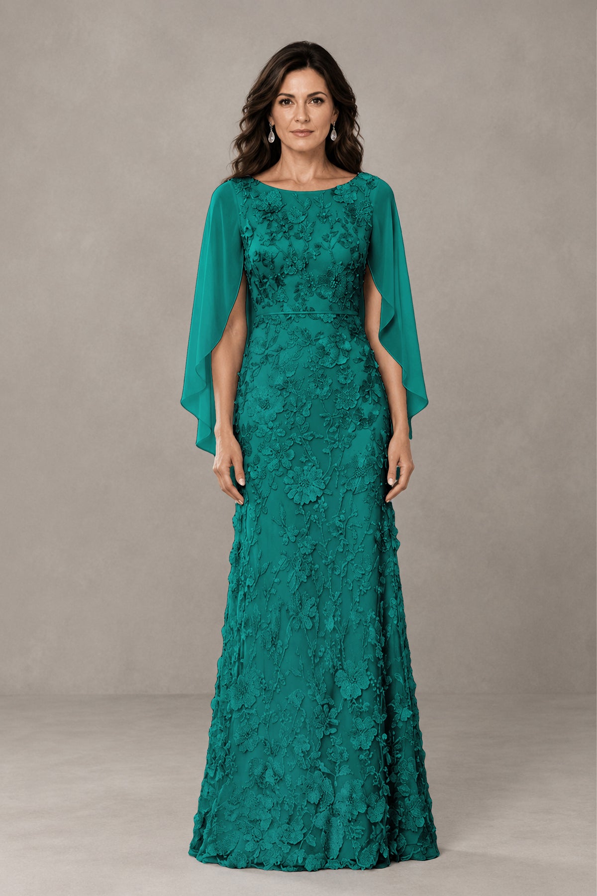 BOLODOO Teal Lace Mother of the Bride Dress with Cape Sleeves - Teal