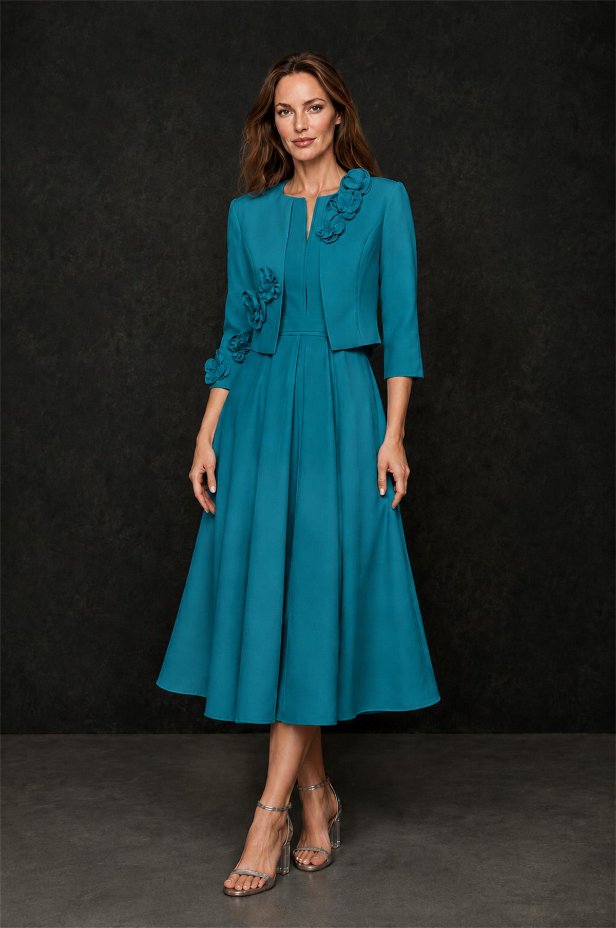 BOLODOO Teal 3D Rosette Appliqué 3/4 Sleeve Jacket & V-Notch Sleeveless A-Line Tea-Length Two-Piece Dress Set - Teal