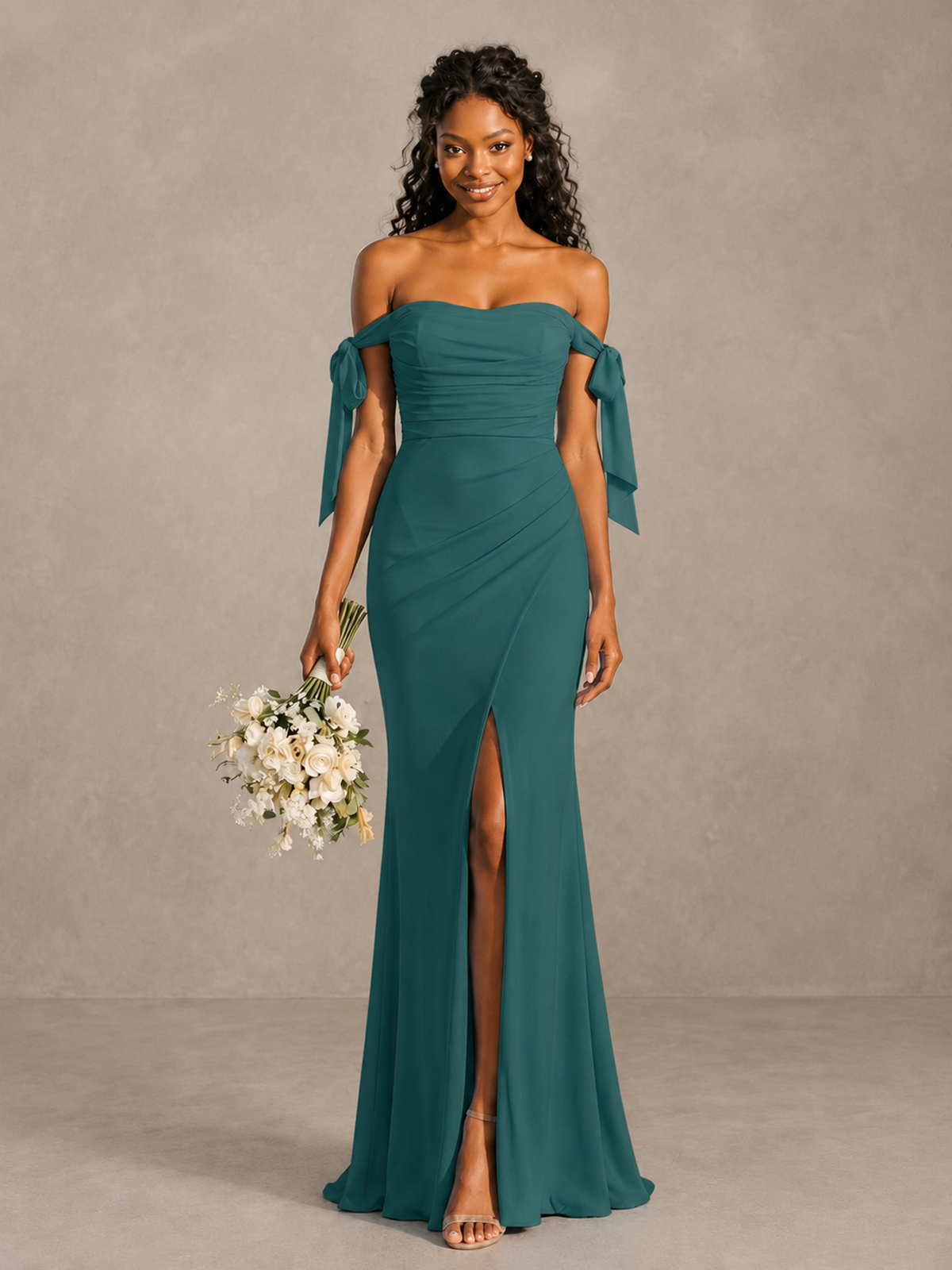 Teal Off-Shoulder Bow Bridesmaid Dress with Slit - Teal - Teal (1)