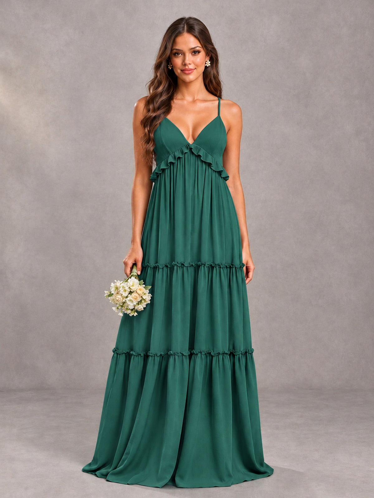 BOLODOO Teal Tiered V-Neck Lace-Up Back Bridesmaid Dress - Teal - Teal (1)