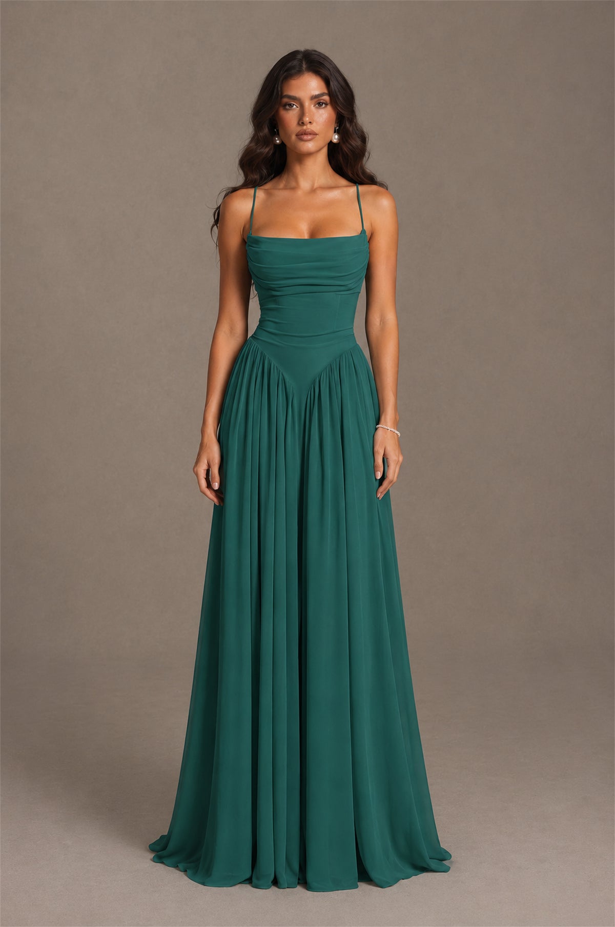 BOLODOO Teal Spaghetti Strap Square Neck Ruched Chiffon Maxi Dress with Lace-Up Back - Teal
