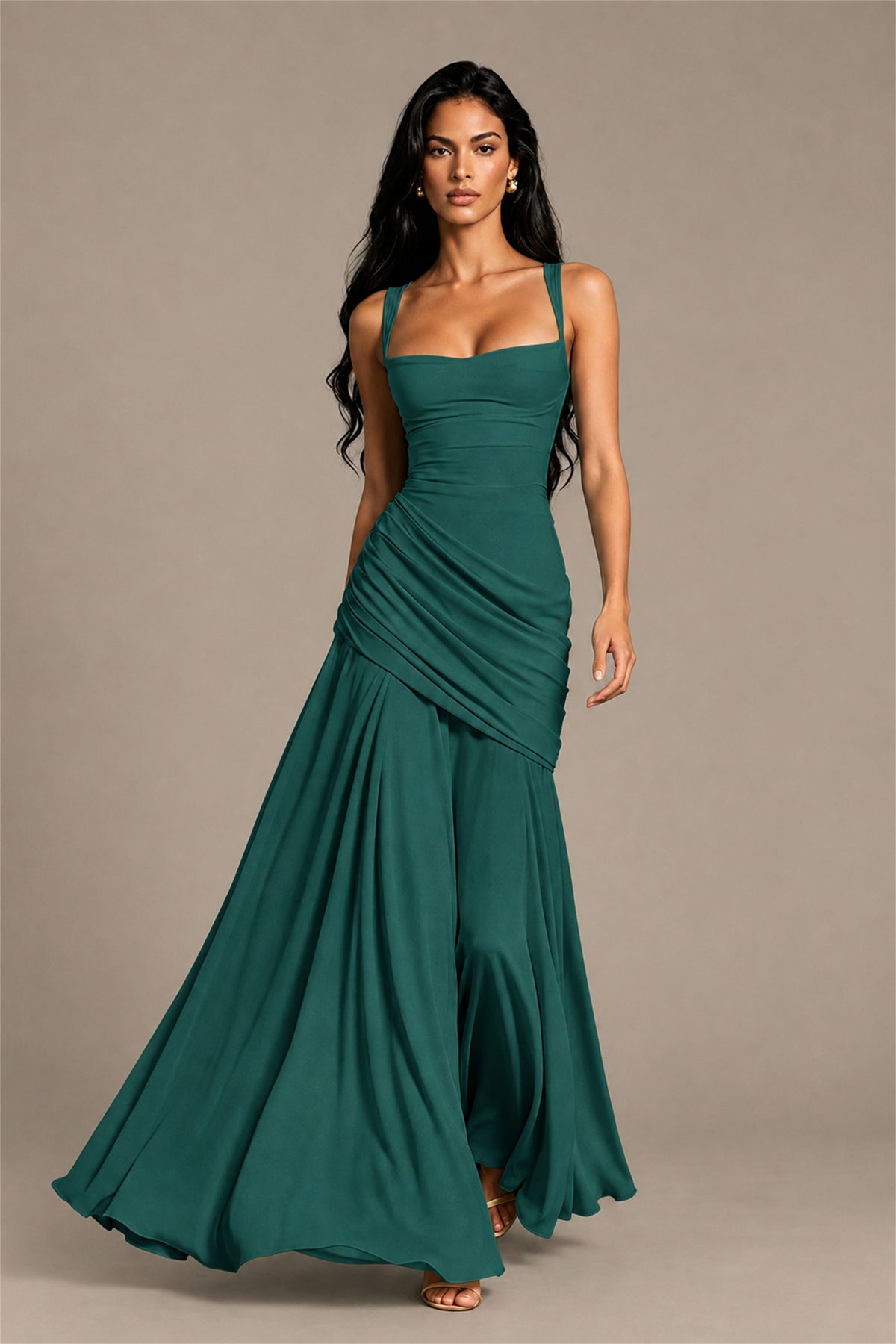 BOLODOO Square Neck Ruched A-Line Maxi Dress - Teal Backless Evening Gown - Teal