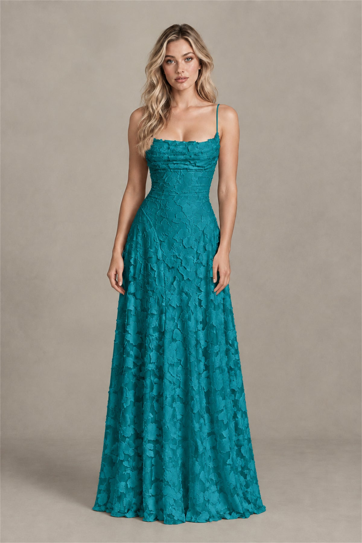 BOLODOO Teal Floral Appliqué Lace-Up Back Maxi Dress - Teal
