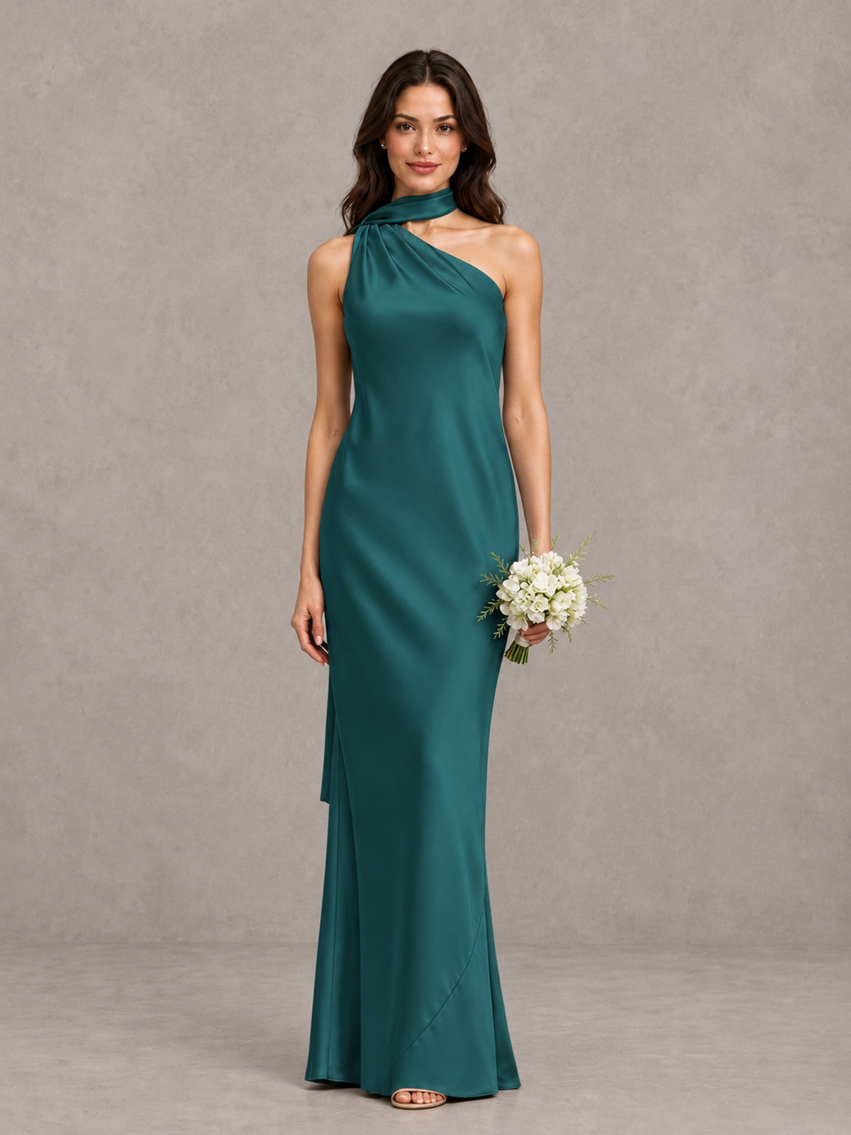 BOLODOO Teal Satin One-Shoulder Bridesmaid Dress with Open Back - Teal - Teal (1)