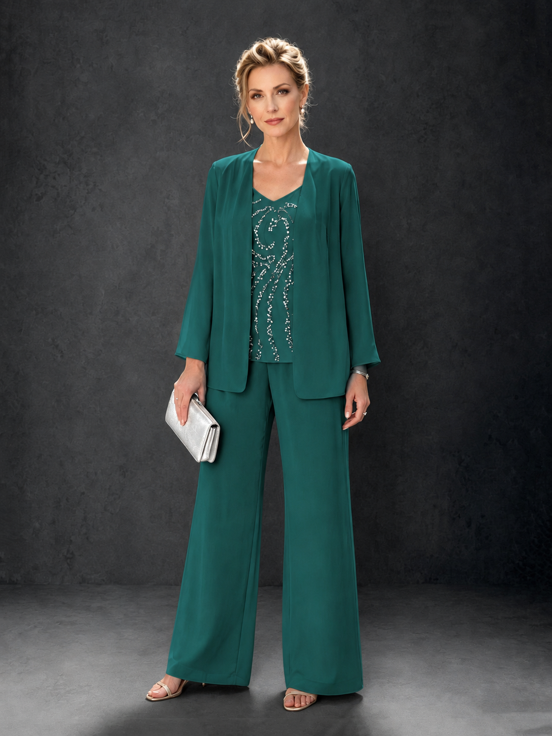 BOLODOO Teal 3-Piece Mother of the Bride Pant Suit with Beaded Top & Chiffon Jacket - Teal