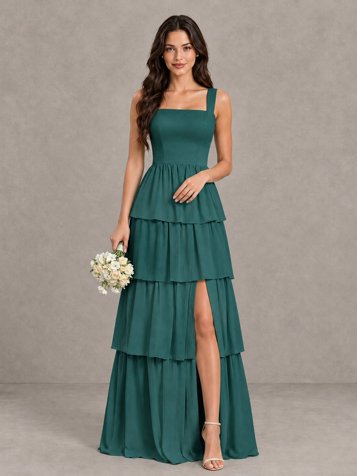 BOLODOO Teal Square Neck Tiered Bridesmaid Dress with Slit - Teal - Teal (1)