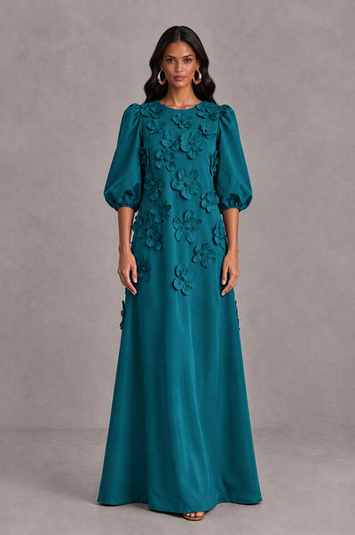 BOLODOO Teal Floral Applique Puff Sleeve A-Line Evening Dress - Teal - Teal (1)