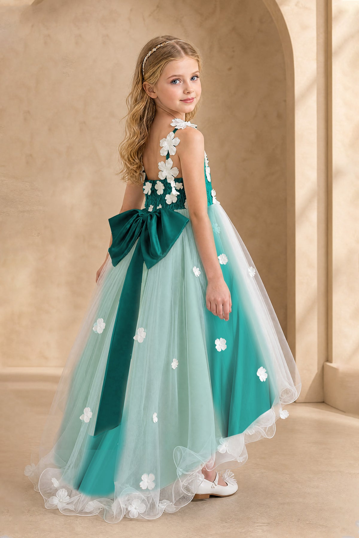 BOLODOO Teal Flower Girl Dress with Floral Appliqué and High-Low Tulle Skirt - Teal