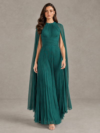 BOLODOO Teal Pleated Cape Maxi Wedding Guest Dress - Teal - Teal (1)