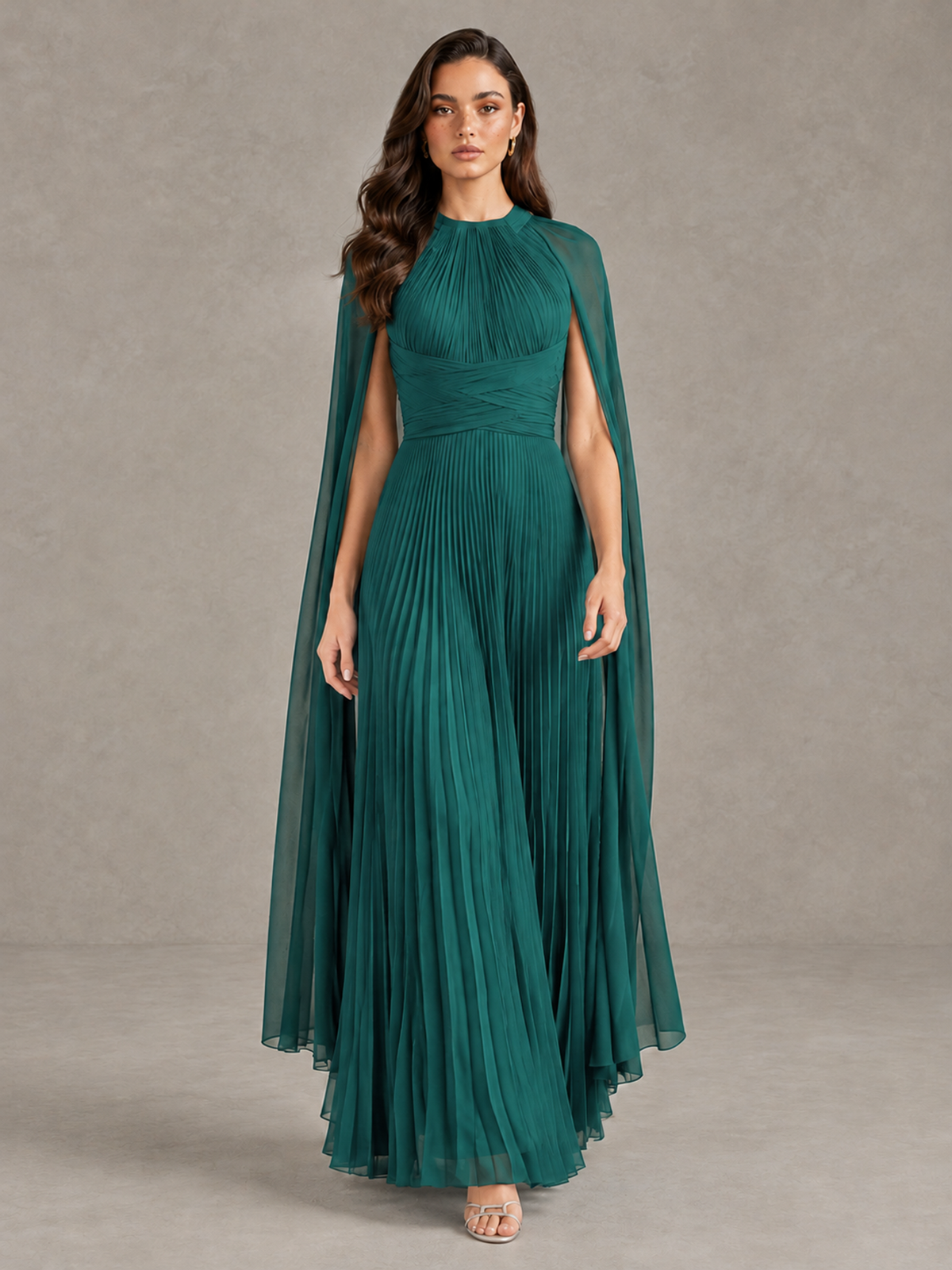 BOLODOO Teal Pleated Cape Maxi Wedding Guest Dress - Teal - Teal (1)