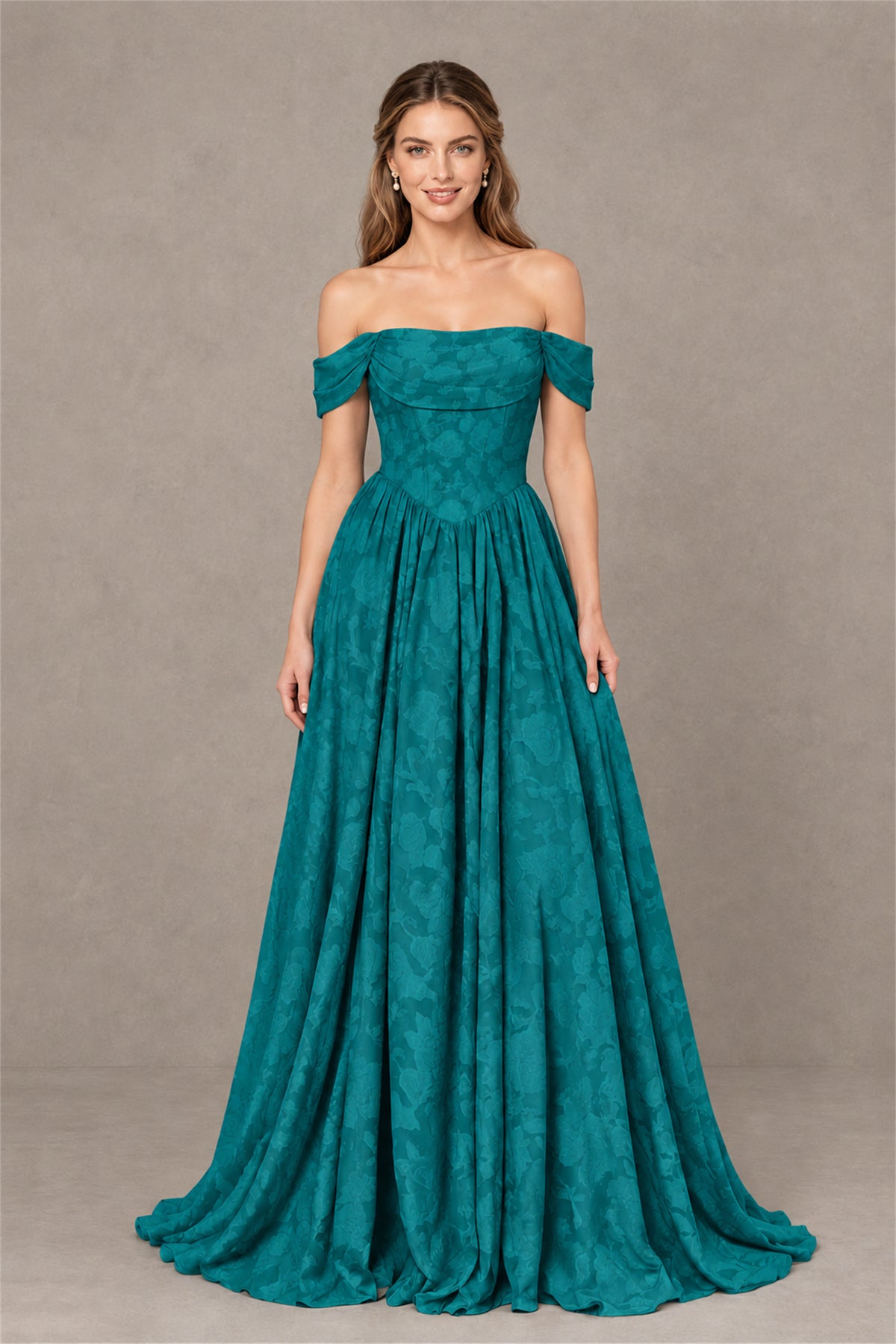 BOLODOO Teal Off-Shoulder Floral A-Line Maxi Dress - Teal