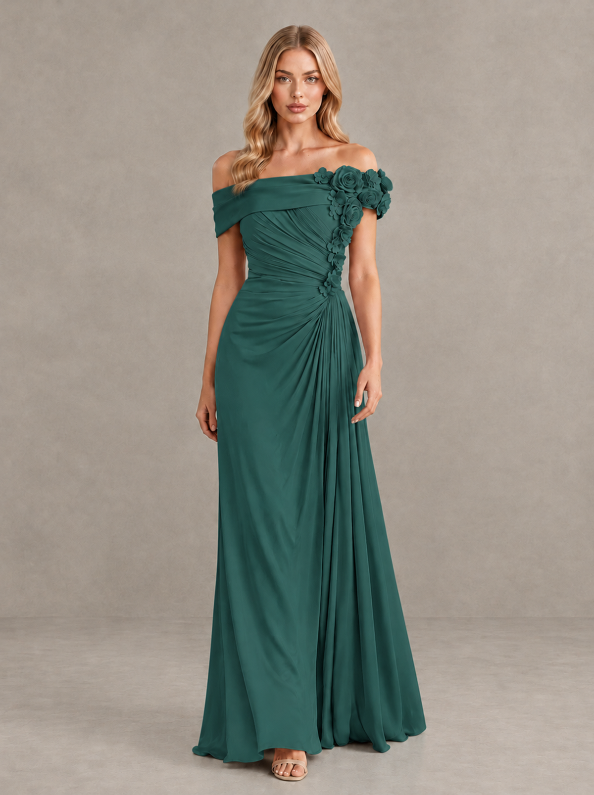 BOLODOO Teal Off-Shoulder Floral Applique Wedding Guest Maxi Dress - Teal - Teal (1)