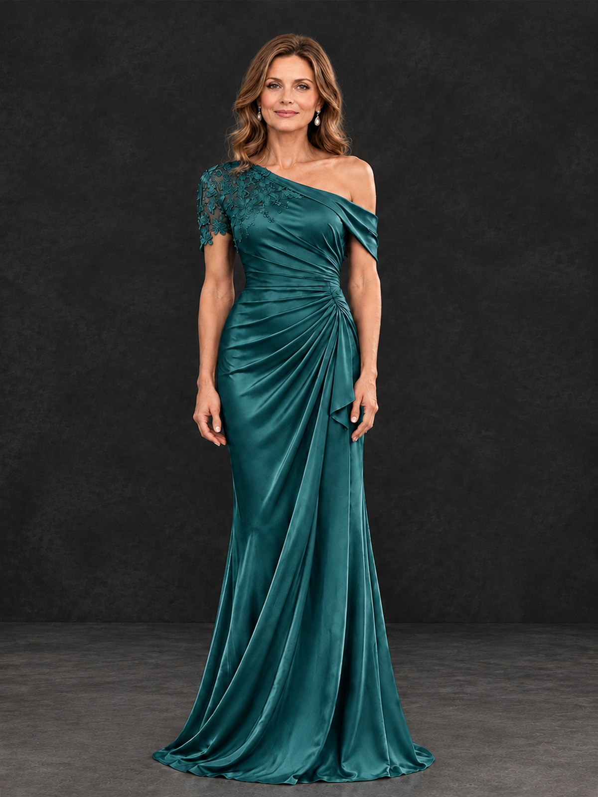 BOLODOO Teal Asymmetric Satin Mother of the Bride Dress with Lace Sleeve - Teal - Teal (1)