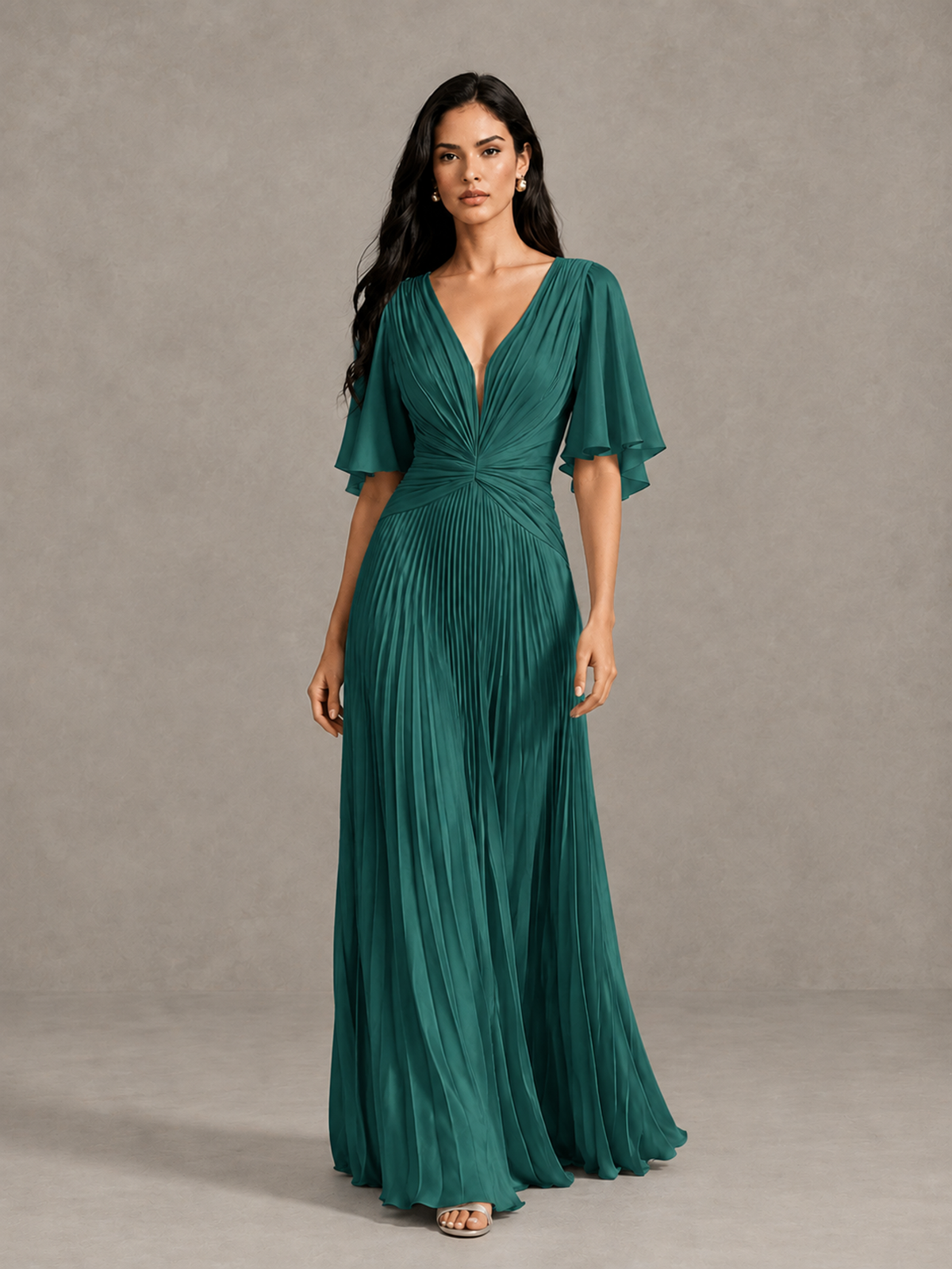 BOLODOO Teal Pleated V-Neck Flutter Sleeve Bridesmaid Dress - Teal - Teal (1)