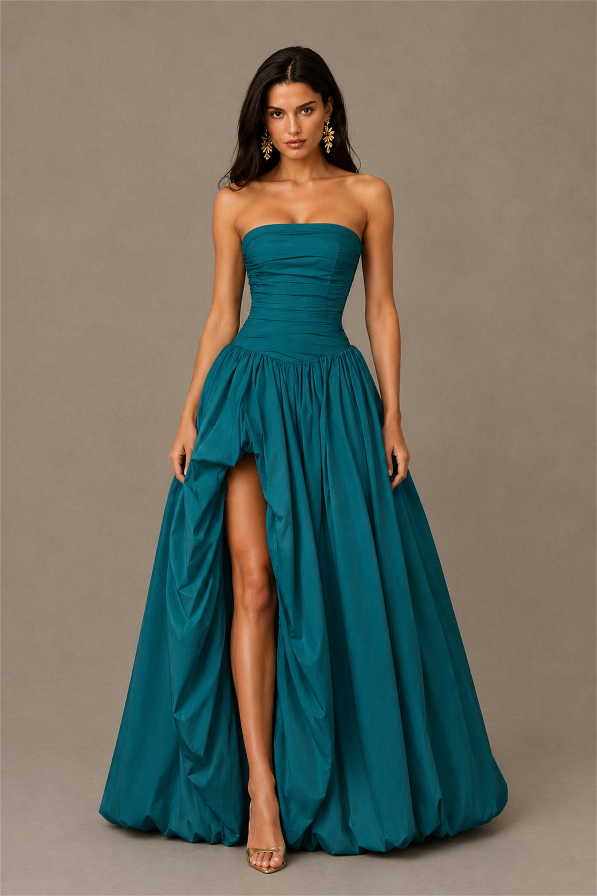 BOLODOO Teal Strapless Ruched Corset Lace-Up Back Bubble Skirt High Slit Taffeta Maxi Dress - Teal