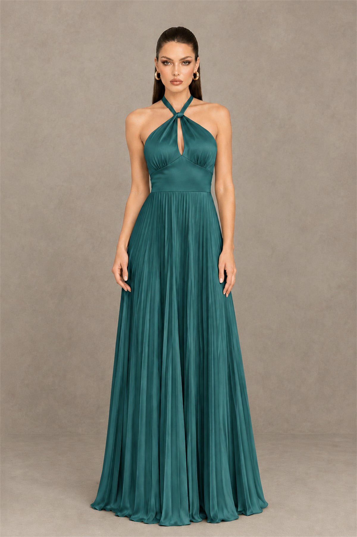 BOLODOO Teal Halter Pleated A-Line Evening Dress - Teal - Teal (1)
