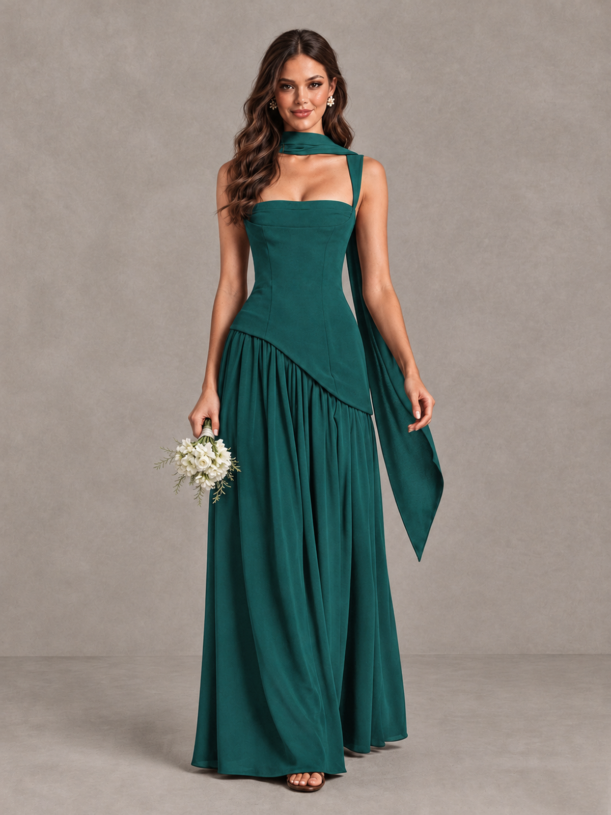 BOLODOO Teal Brown Scarf Bridesmaid Dress with Lace-Up Back - Teal - Teal (1)