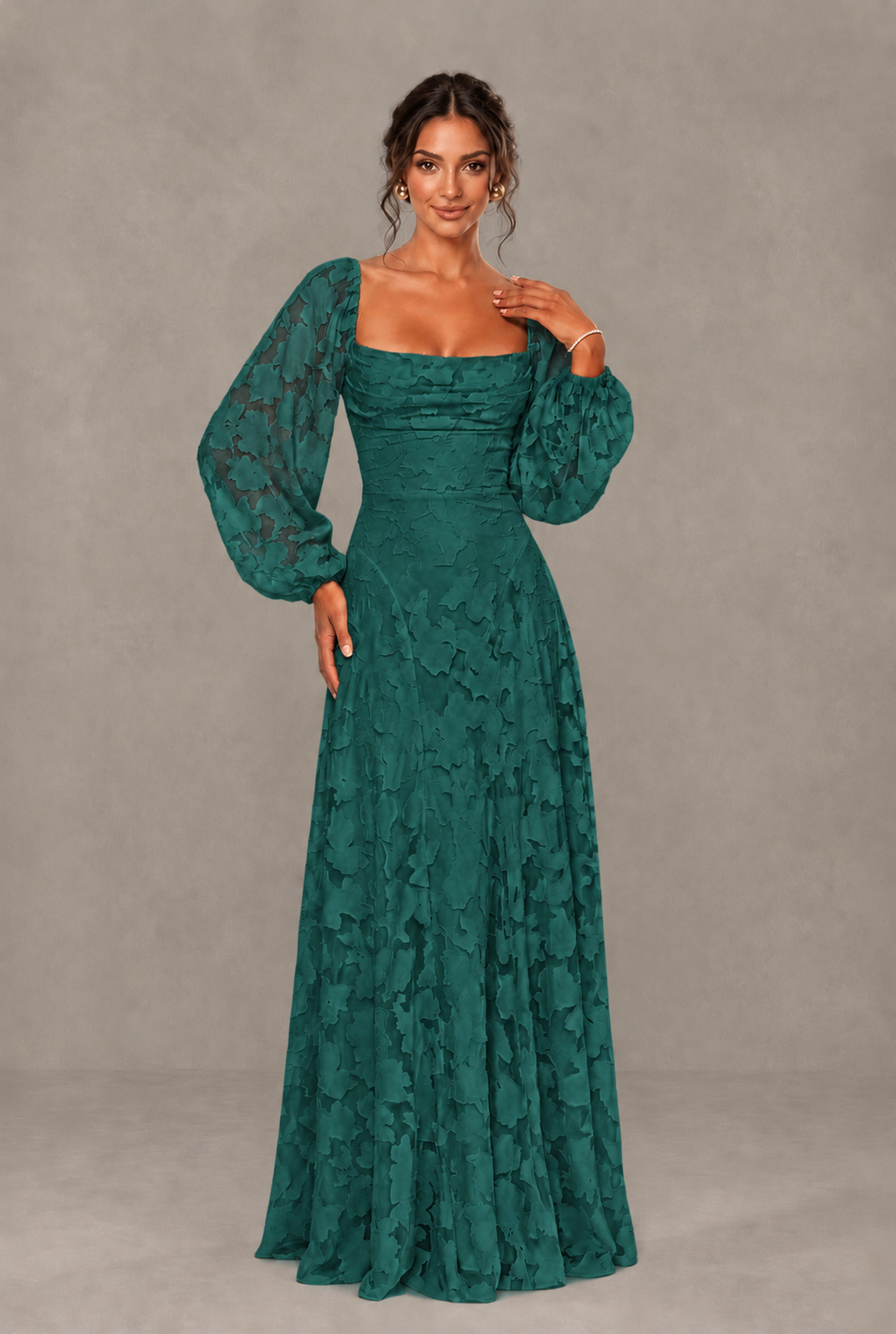 BOLODOO Floral Teal Long Sleeve A-Line Dress with Lace-Up Back - Teal