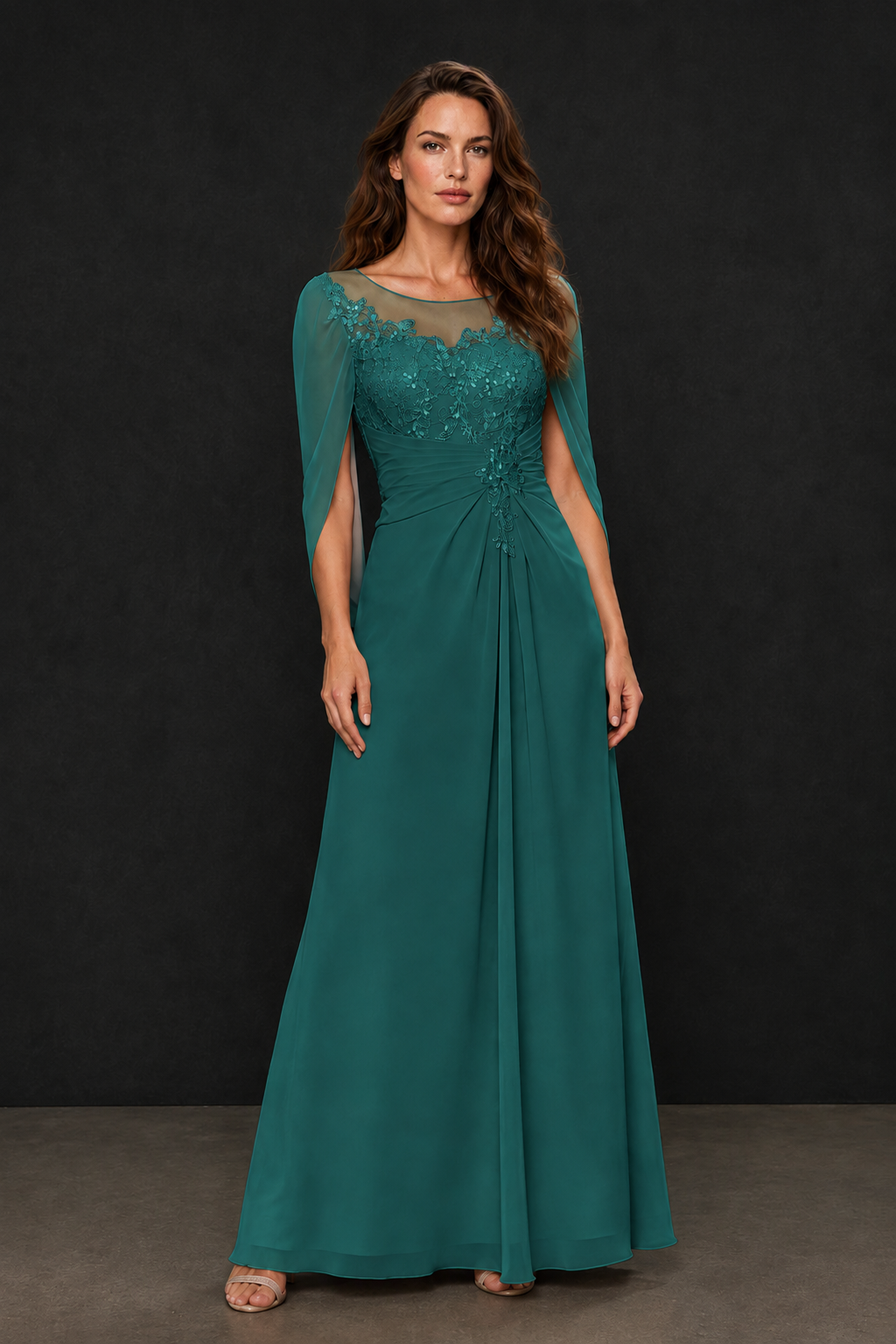 BOLODOO Teal Illusion Lace One-Side Cape Sleeve Beaded Chiffon Floor Length Gown | Mother of the Bride Evening Dress - Teal