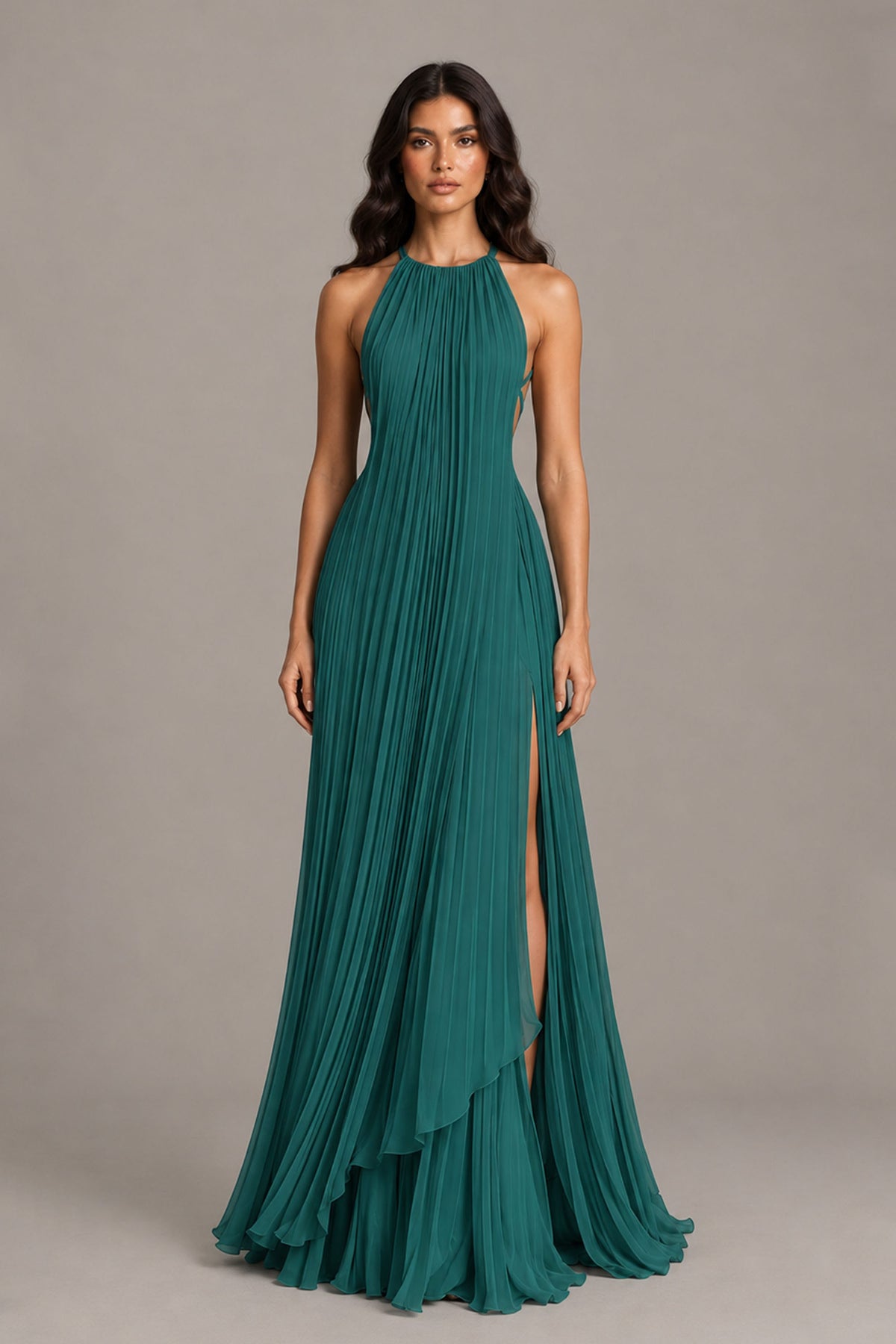 BOLODOO Teal Halter Neck Pleated Chiffon Maxi Dress with Side Slit - Teal