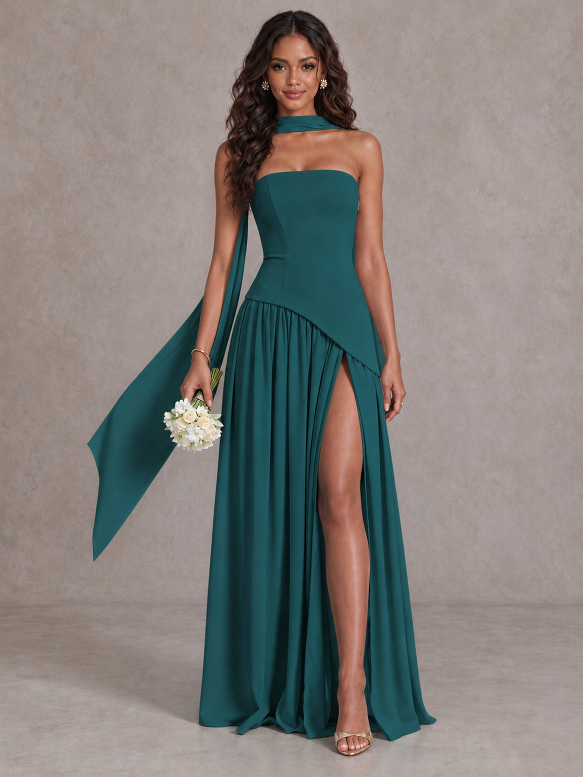 Teal Strapless Bridesmaid Dress with Scarf & High Slit - Teal - Teal (1)