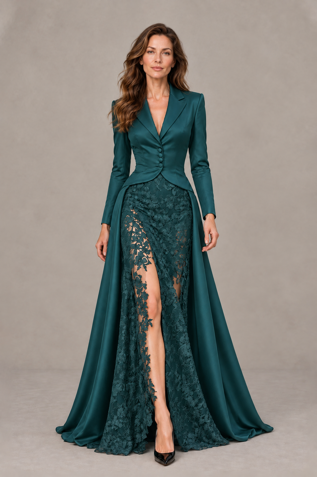 BOLODOO Teal Long Sleeve Lace Blazer Gown with High Slit - Teal - Teal (1)