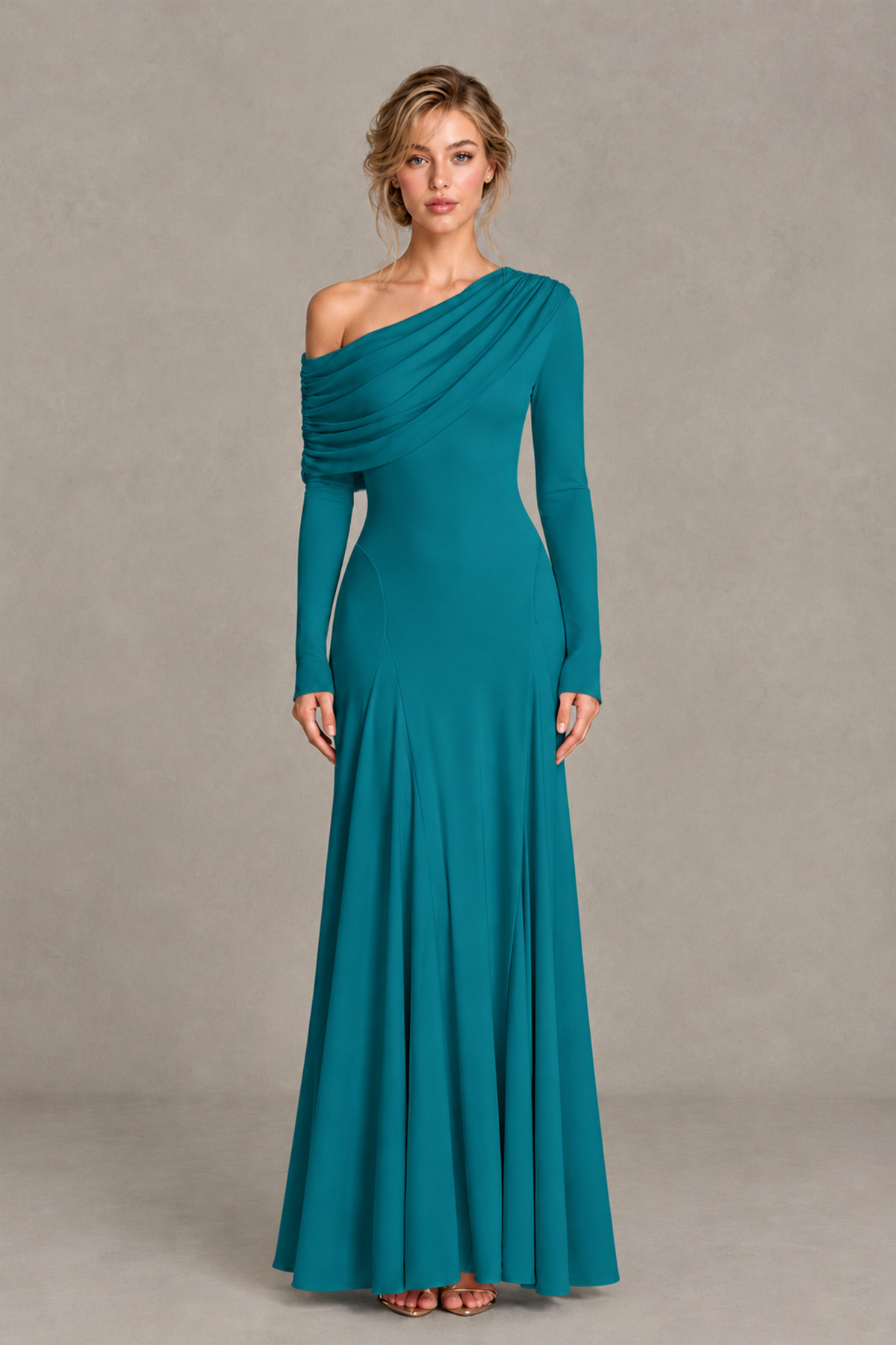 BOLODOO Teal Asymmetric Draped Long Sleeve Evening Gown - Teal