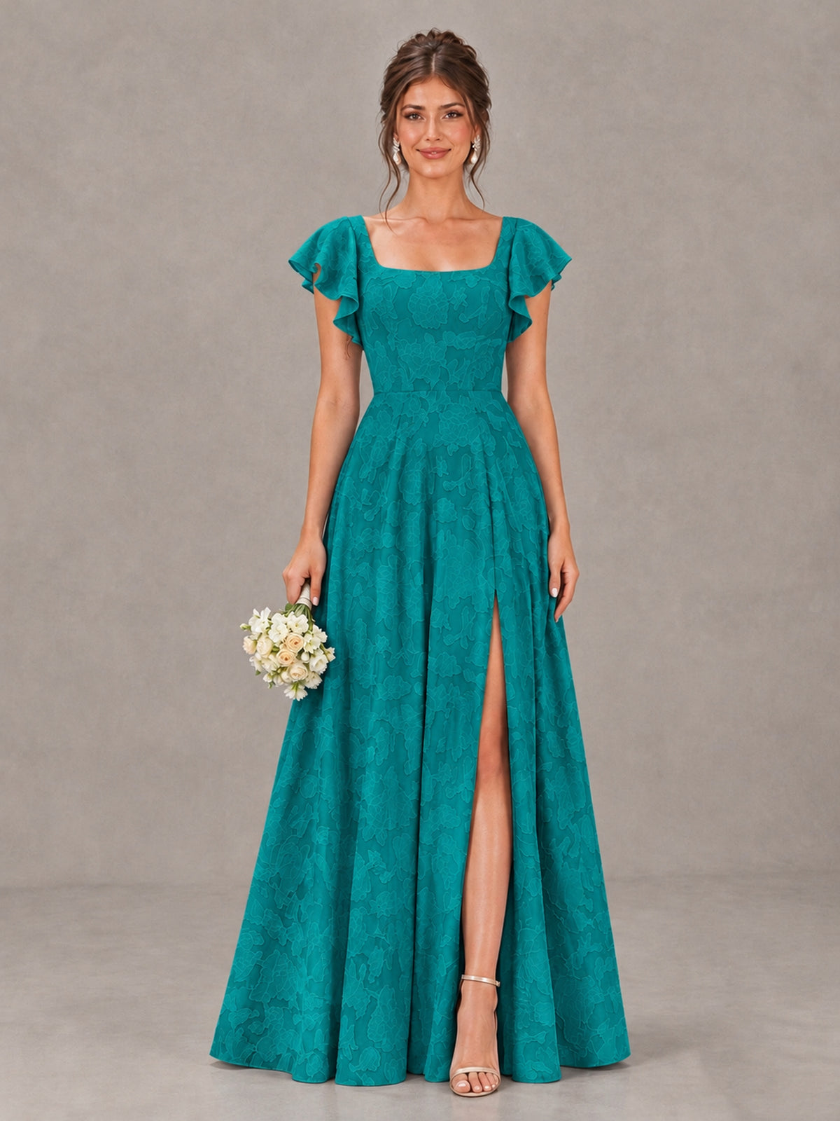 BOLODOO Teal Floral Flutter Sleeve Bridesmaid Dress with Slit - Teal - Teal (1)