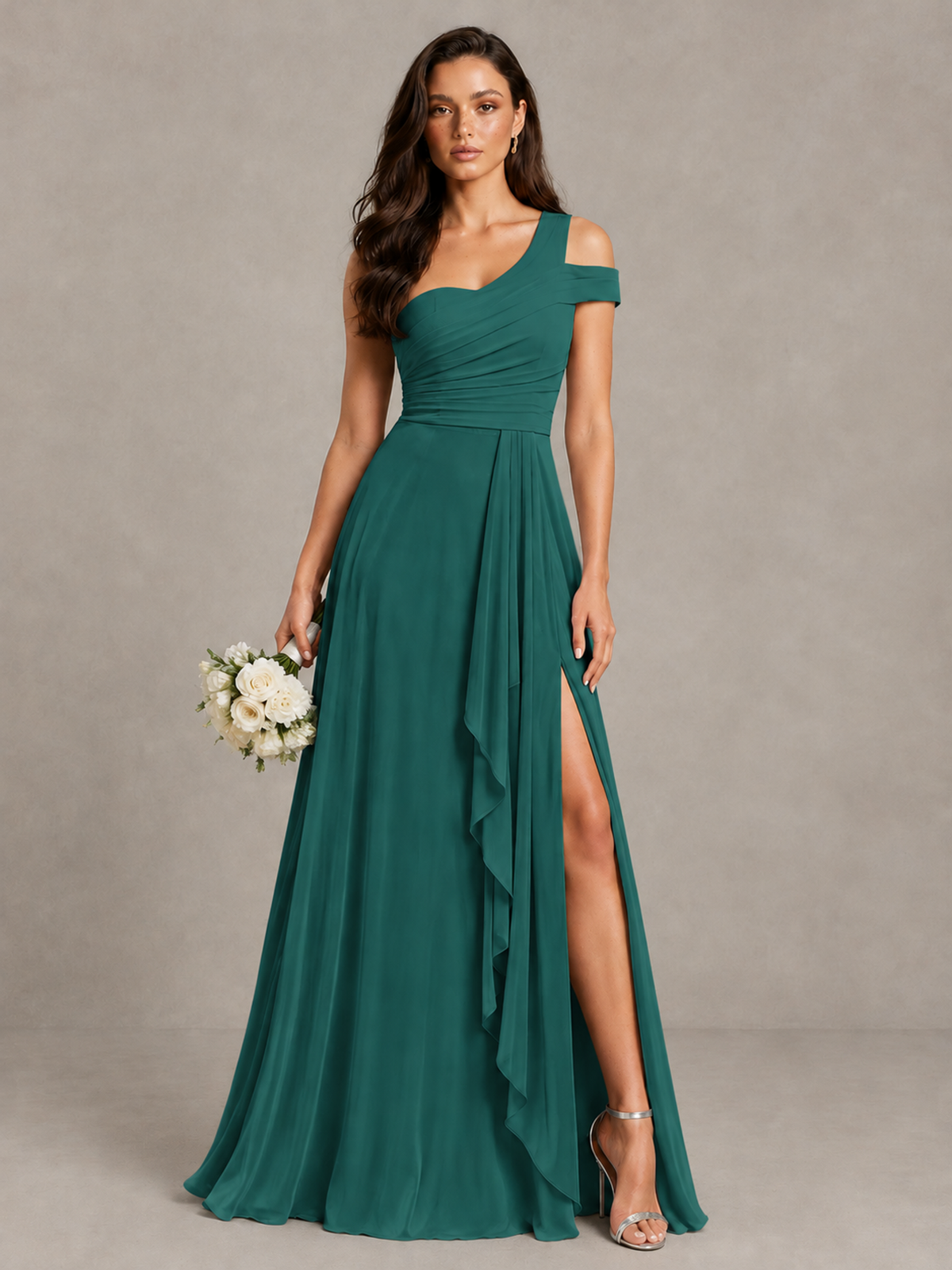 BOLODOO Teal One-Shoulder Bridesmaid Dress with Side Slit - Teal - Teal (1)
