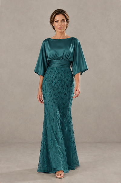 BOLODOO Teal Mother of the Bride Dress with Kimono Sleeves, Satin Bodice & Sequin Embroidered Mermaid Floor-Length Gown - Teal - Teal (1)