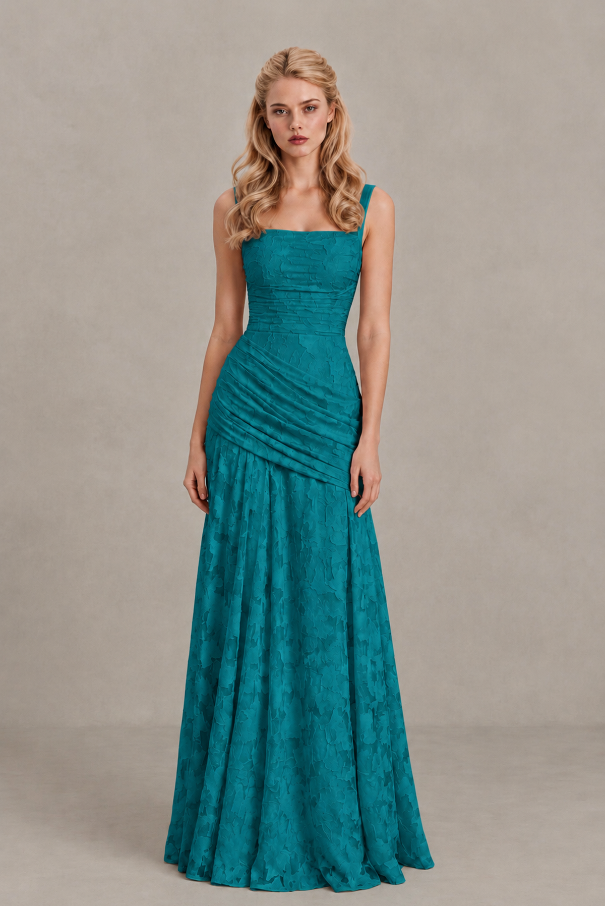 BOLODOO Teal Ruched Floral Maxi Dress with Lace-Up Back - Teal
