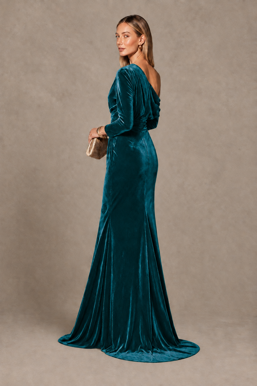 BOLODOO Teal Velvet One-Shoulder Long Sleeve Evening Gown - Teal