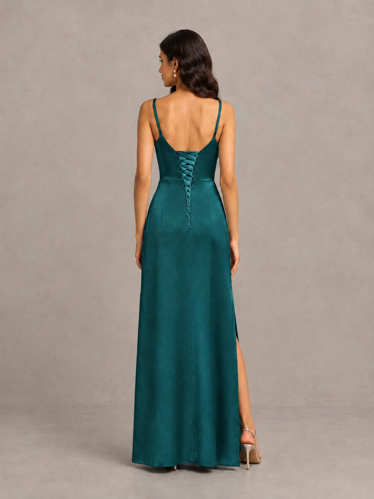 BOLODOO Teal Cowl Neck Satin Bridesmaid Dress with Slit - Teal - Teal (2)