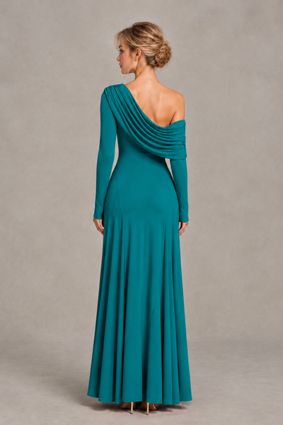 BOLODOO Teal Asymmetric Draped Long Sleeve Evening Gown - Teal