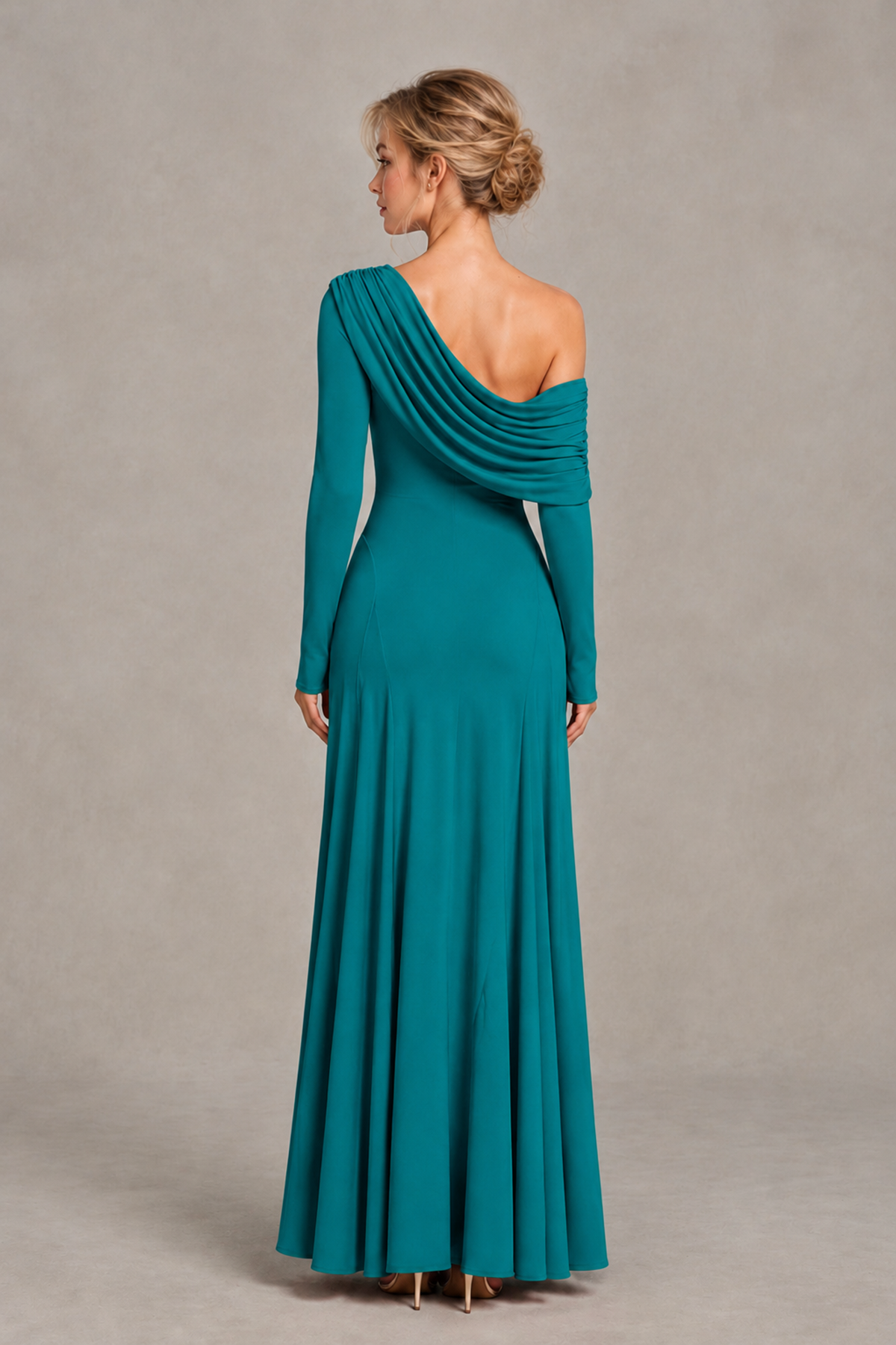 BOLODOO Teal Asymmetric Draped Long Sleeve Evening Gown - Teal