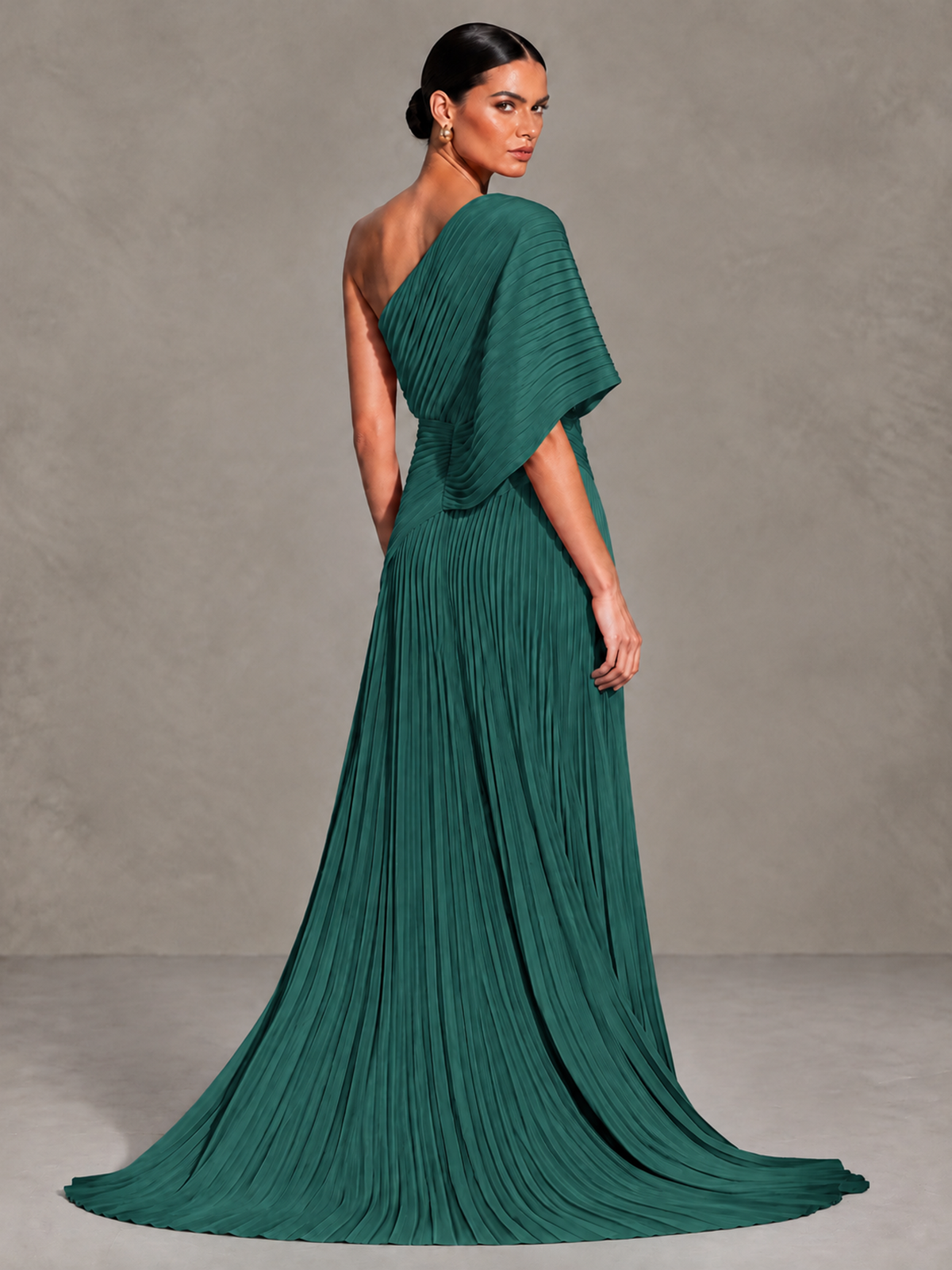 BOLODOO Teal One-Shoulder Pleated Cape Evening Gown with Train - Teal - Teal (2)