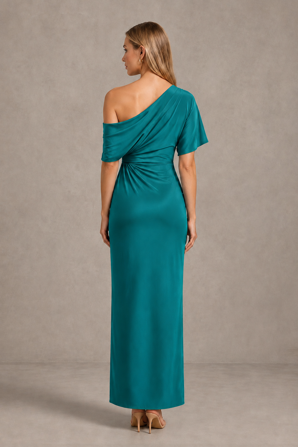 BOLODOO Teal One-Shoulder Draped Satin Maxi Dress with Front Slit - Teal