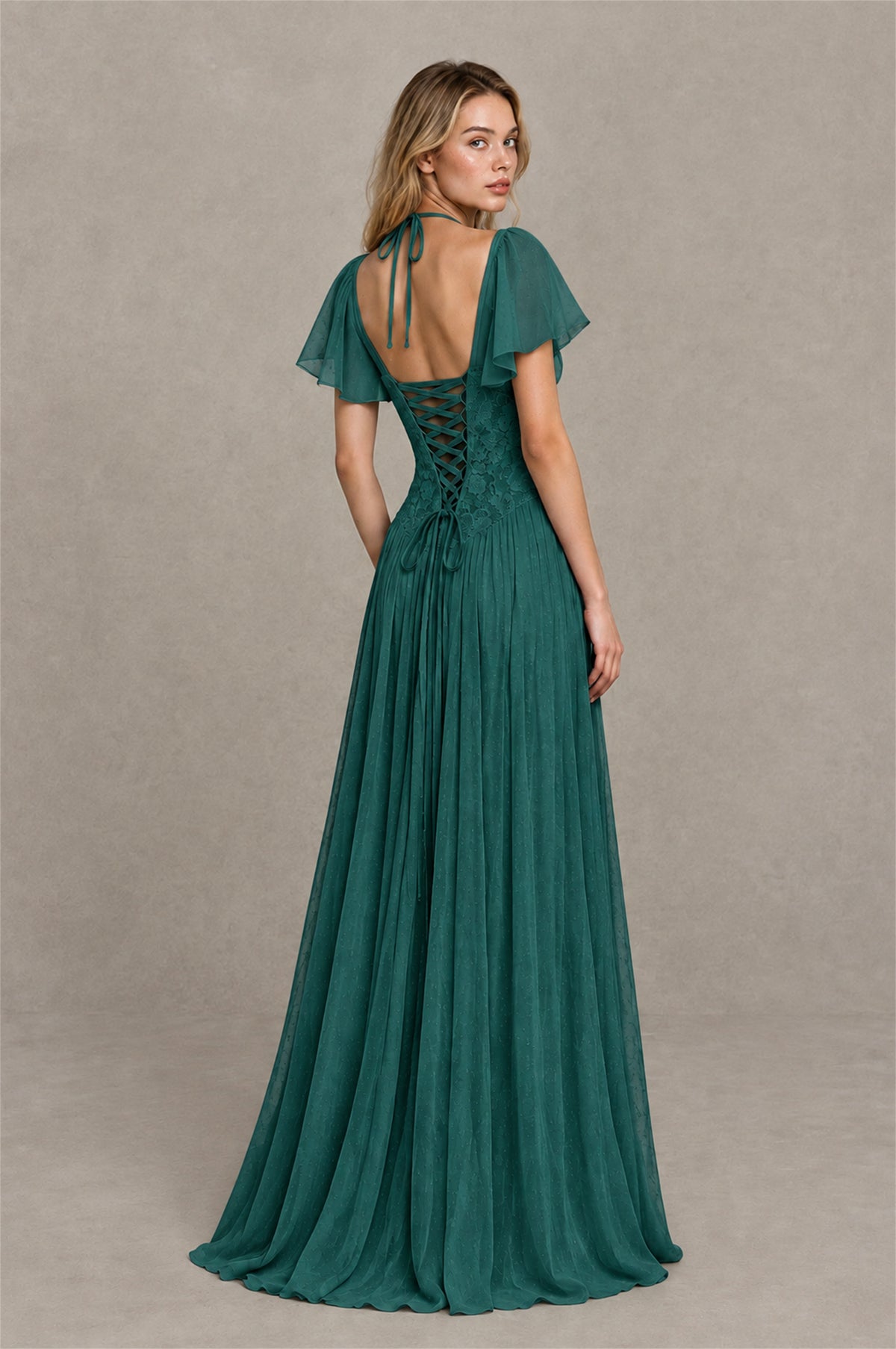 BOLODOO Teal Flutter Sleeve Lace Corset A-Line Maxi Dress - Teal - Teal (2)